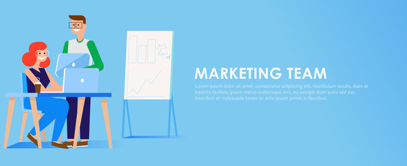 Marketing team banner. Man and woman in the office at the computer and tablet. Graphs, tables and diagrams