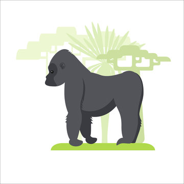 Image in a flat style, gorilla cartoon on the grass and in the background growing trees