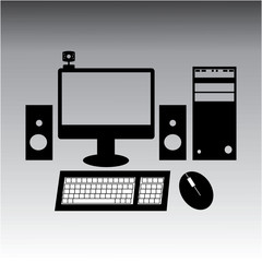  Black and white style illustration of desktop computer.