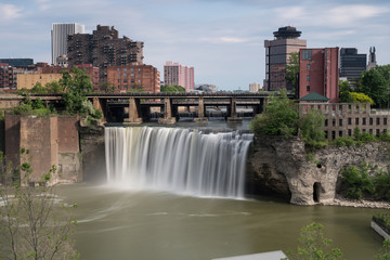 High Falls district in Rochester New York under cloudy summer skies