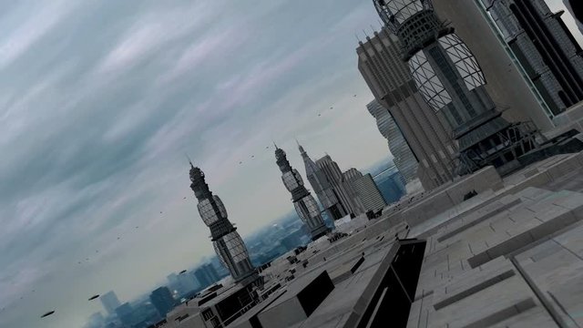Spaceship flying in city