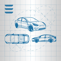 The design of the car drawing on a blue background, white print vector illustration.