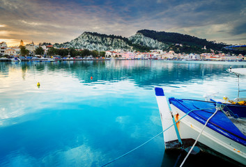 Fototapeta na wymiar fishing boats in Zaante town harbour, Zakinthos Greece, retro toned