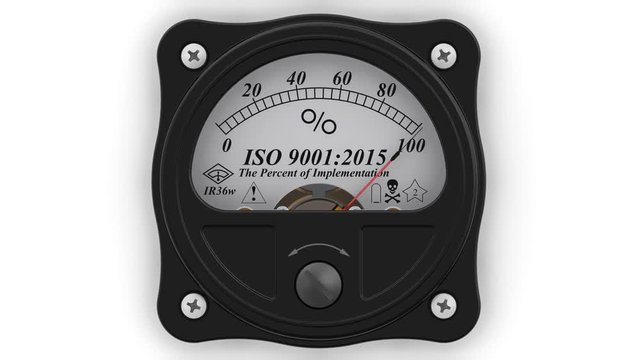 ISO 9001:2015. The percent of implementation. Analog indicator showing the level implementation of ISO 9001:2015 standart. Footage video