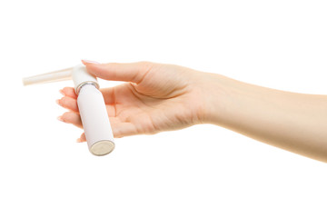 Spray for throat in female hand