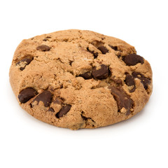 One Chocolate chip cookie isolated on white background. Sweet biscuit. Homemade pastry.