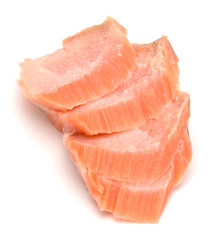 smoked salmon segments isolated on white background cutout. Prepared fish fillet fibres.