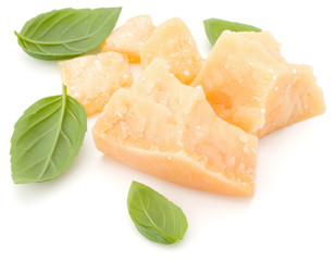 shredded parmesan cheese and basil leaf isolated on white background cutout
