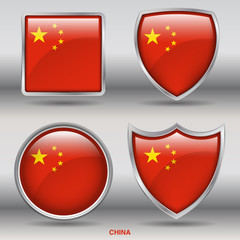 Flag of China in 4 shapes collection with clipping path