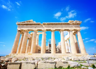 Dekokissen Fassade des Parthenon-Tempels über strahlend blauem Himmelshintergrund, Akropolis-Hügel, Athen Griechenland, Retro-Ton © neirfy