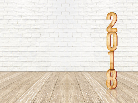 Happy new year 2018 wood number (3d rendering) in perspective wood floor and white brick wall room,Holiday concept,Leave space for display or montage of product for advertise promotion