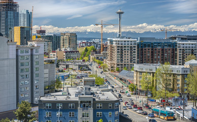 Downtown Seattle City Streets and Olympic Mountains
