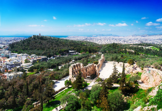 cityscape of Athens of Herodes Atticus amphitheater of Acropolis, Athens, Greece, retro toned