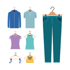 white background of colorful set elements clothes in hangers
