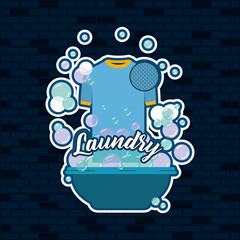 brick wall dark blue background of t-shirt male cloth in basin with soap laundry text