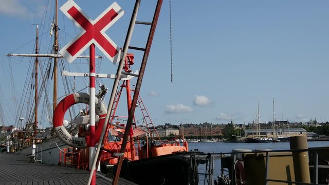 Pier with classic boats at Skeppsholmen Stockholm Sweden