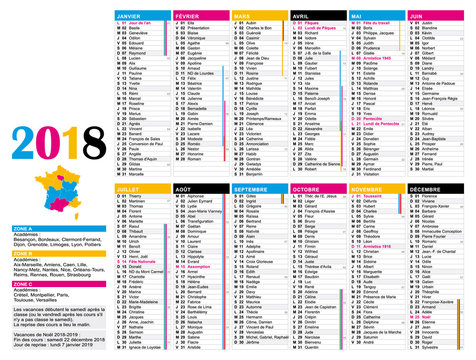 Calendrier annuel 2018 multicolore français. Thème CMJN impression design pao.12 mois en couleurs. Vacances scolaires, jours fériés, semaines numérotées.