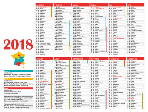 Calendrier annuel 2018 rouge en français. 12 mois en couleurs. Vacances scolaires, jours fériés, semaines numérotées.