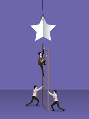 color background with businessman climbing wooden stairs to reach a star