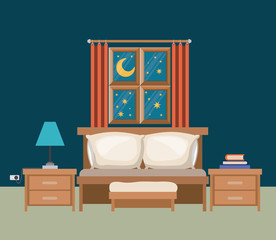 color background of bedroom with window in the night landscape view