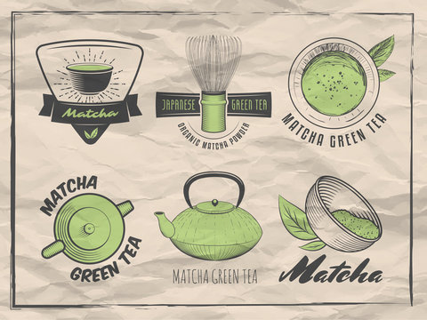 Matcha labels. Japanese green tea badges. Vector  logos on vintage paper background.