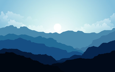 Vector illustration, Landscape view with sunset, sunrise, the sky, clouds,  mountain peaks, and forest. for the website background