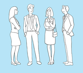 Group of business people standing and talking on a white background. isolated vector illustration outline hand drawn cartoon design character.