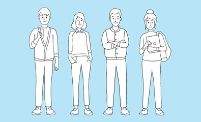 Group of young people students with gadgets on a blue background. isolated vector illustration outline hand drawn cartoon design character.