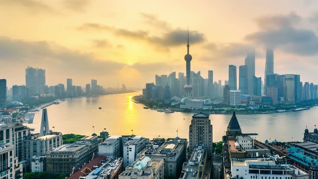 4K: China,Shanghai skyline at sunrise.