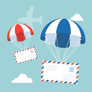 envelope with parachute in the sky with flying plane and clouds on background, flat design vector for airmail concept