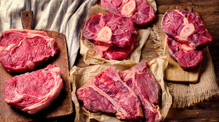 Obraz premium Raw meat on a dark wooden board.