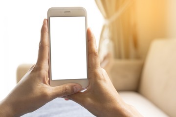 The view is cut off by the hands of a working woman who holds a smart phone with free space on the screen for your message. By her lying on the couch.