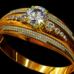 Engagement gold ring with gem diamond. luxury jewellery bijouterie with gemstone for people in love . Frontal view on black background.