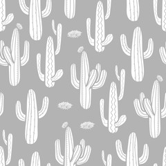 3 styles of cactus and blossom in white plane style on light gray background. Seamless pattern vector illustration.