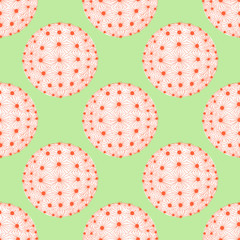 Round shape cactus in red dot and line on white plane with pastel green background. Red bubble on green. Seamless pattern vector illustration.