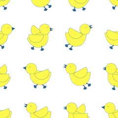 3 styles of yellow birds line up on white background. Seamless pattern vector illustration.