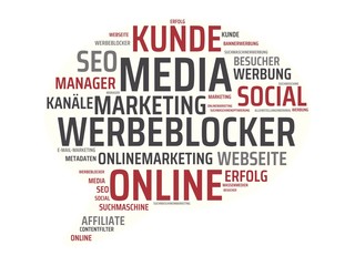 WERBEBLOCKER - Bilder mit W&ouml;rtern aus dem Bereich Onlinemarketing, Wort, Bild, Illustration