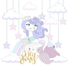 Cute pony on a beautiful background. Vector illustration.