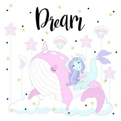 Cute unicorn on a beautiful background with an inscription. Vector illustration.