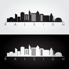 Raleigh USA skyline and landmarks silhouette, black and white design, vector illustration.