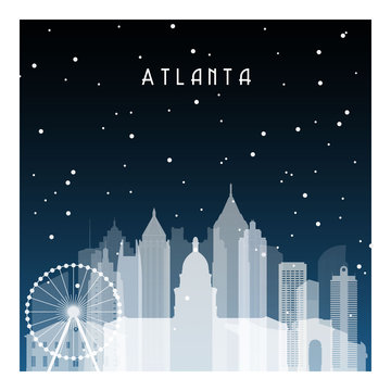Winter night in Atlanta. Night city in flat style for banner, poster, illustration, game, background.