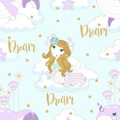 Seamless pattern with cute unicorn. Beautiful background with clouds. Vector illustration.