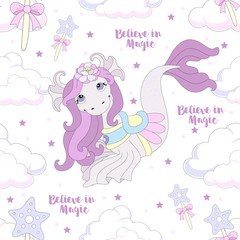 Seamless pattern with cute unicorn. Beautiful background with clouds. Vector illustration.