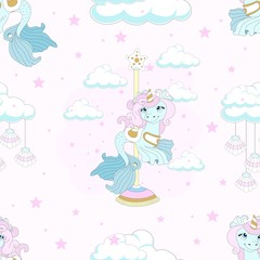Seamless pattern with cute unicorn. Beautiful background with clouds. Vector illustration.