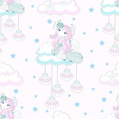 Seamless pattern with cute unicorn. Beautiful background with clouds. Vector illustration.