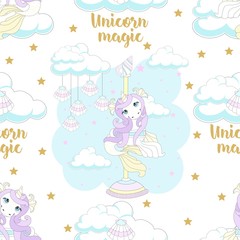 Seamless pattern with cute unicorn. Beautiful background with clouds. Vector illustration.