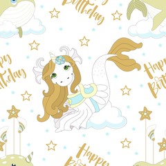Seamless pattern with cute unicorn. Beautiful background with clouds. Vector illustration.