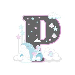 The letters of the alphabet with cute unicorns and ponies. On a white background. Vector illustration.