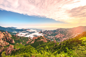 Fototapeta na wymiar Beautiful scenery with morning mist on the summit of Sorakshan in South Korea