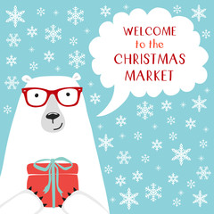 Cute retro banner with funny cartoon character of polar bear with speech bubble